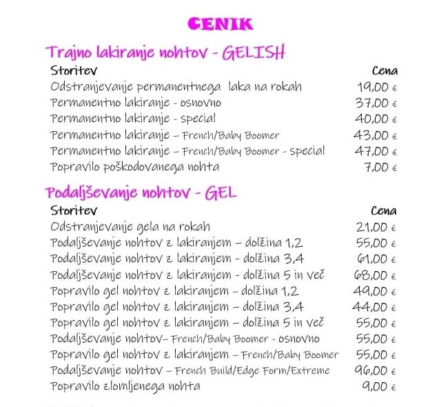 Cenik za nohte 2025, spletni vir