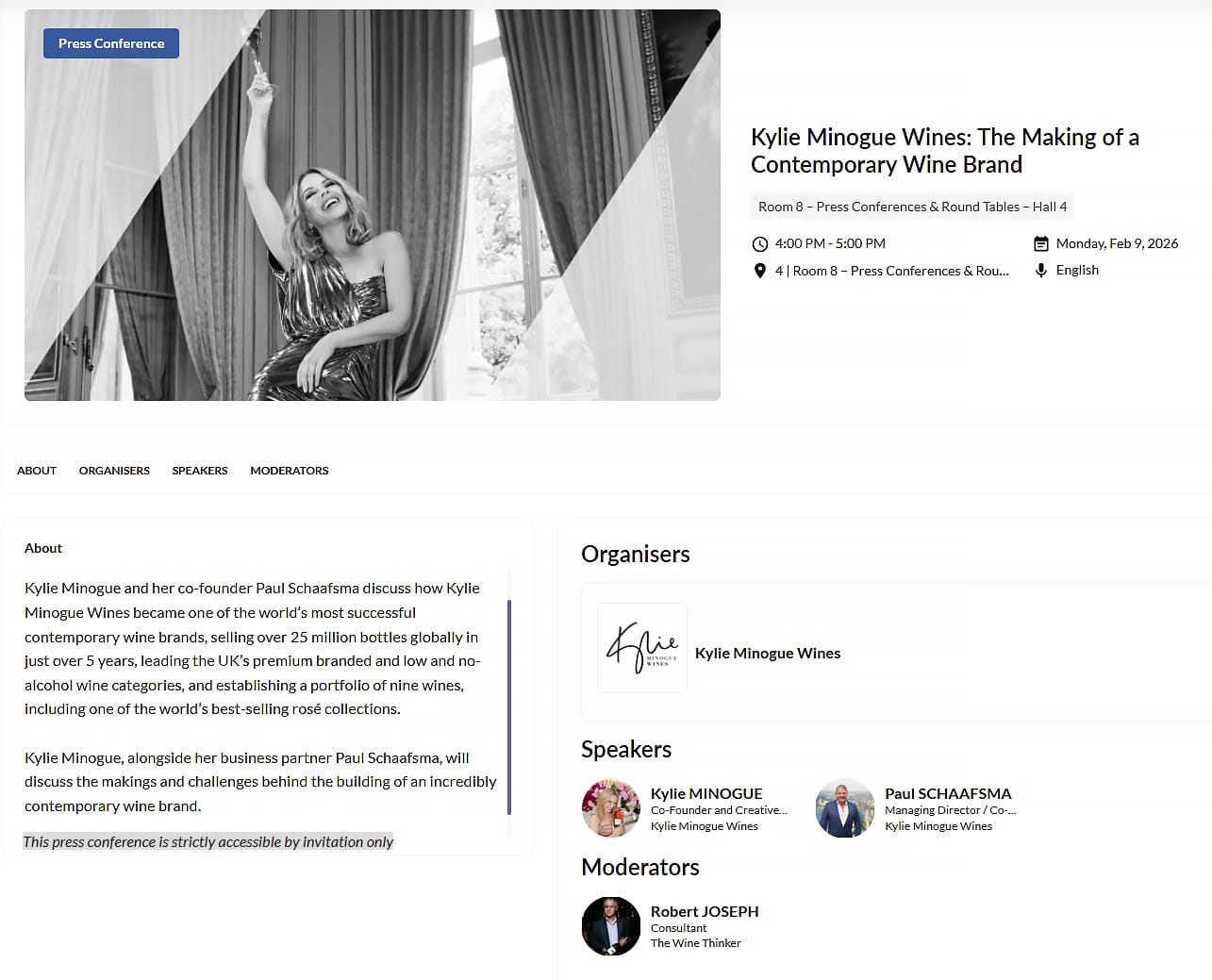 Kylie Minogue, Kylie Minogue Wines, Press Conference Wine Paris 2026